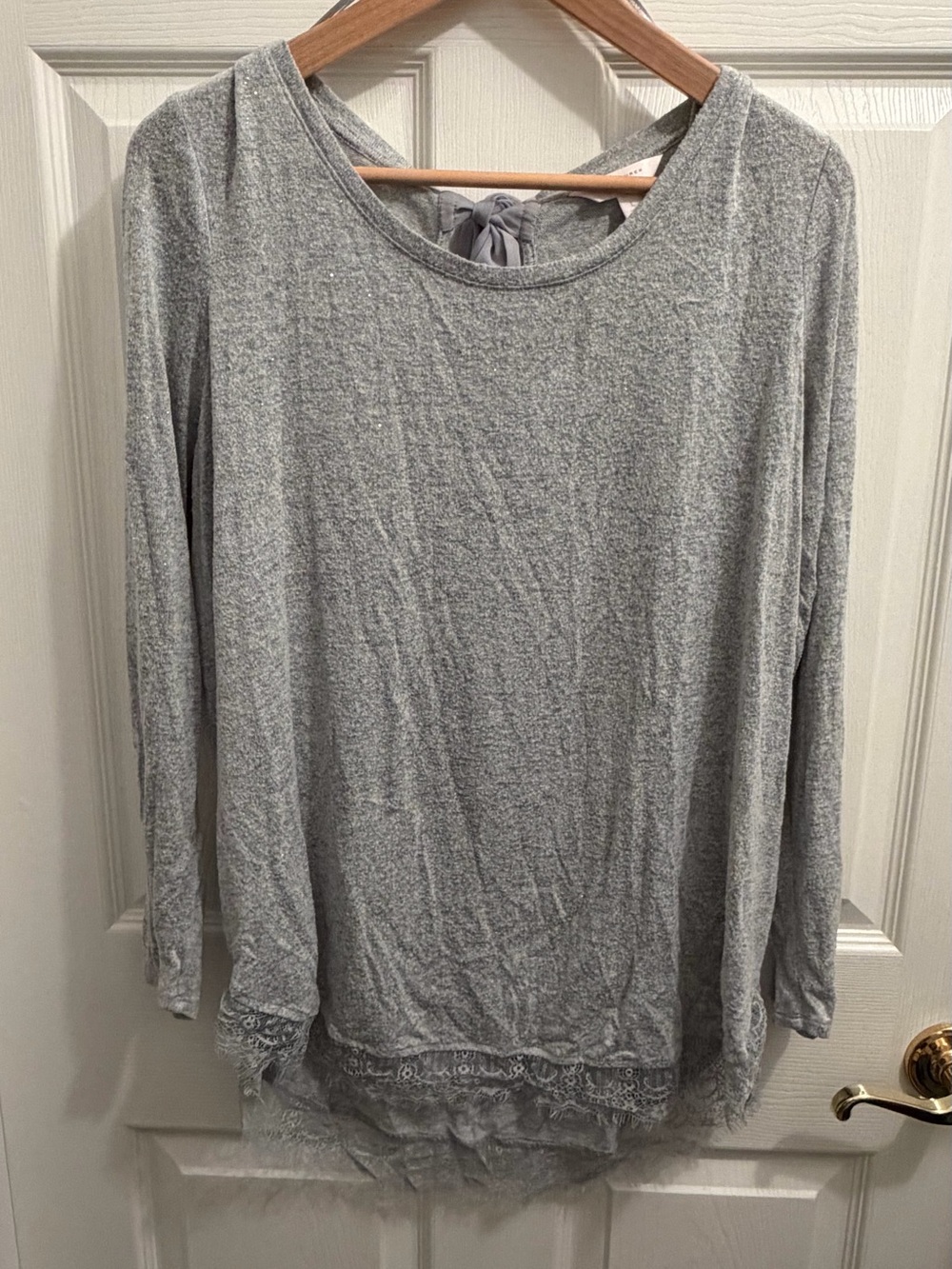 Lauren Conrad Women's Lightweight Long-Sleeve Lace Trim Top - Gray
